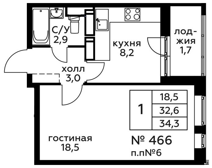 1-комнатная квартира без отделки, 34.3 м2, 3 этаж, сдача 2 квартал 2022 г., ЖК Новоград Павлино, корпус 18 - объявление 1249924 - фото №1