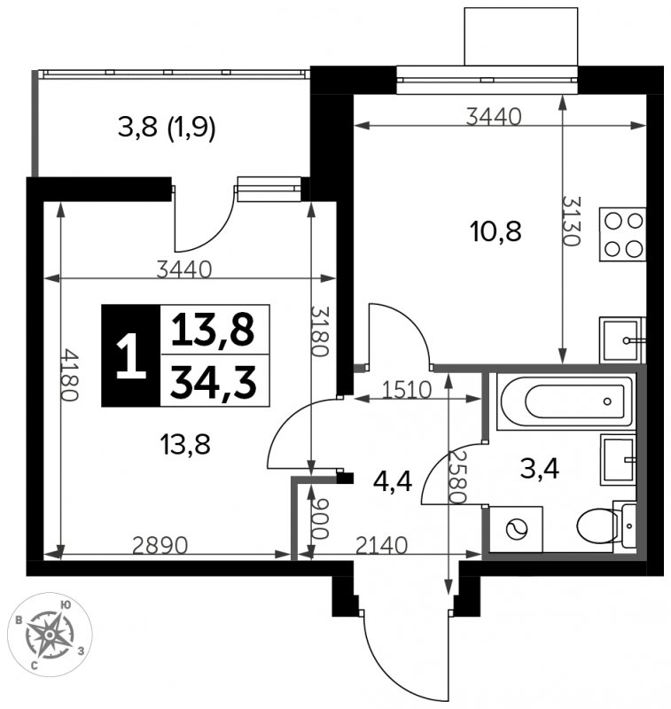 1-комнатная квартира с полной отделкой, 34.3 м2, 18 этаж, сдача 3 квартал 2023 г., ЖК Южная Битца, корпус 12 - объявление 1713828 - фото №1