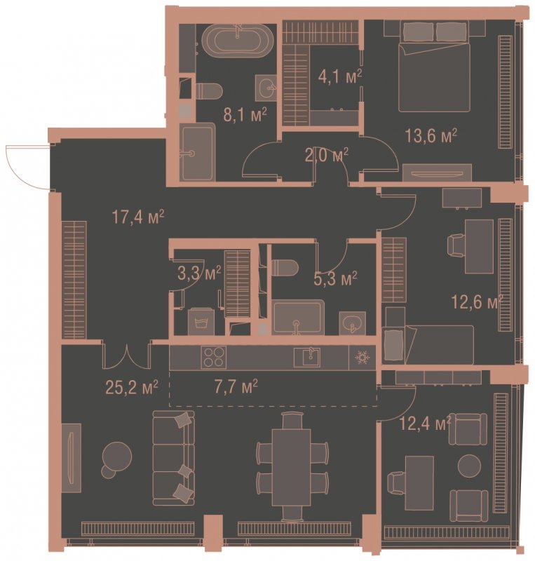 3-комнатная квартира без отделки, 111.7 м2, 10 этаж, сдача 1 квартал 2025 г., ЖК HIGH LIFE, корпус Heart Tower - объявление 1767891 - фото №1