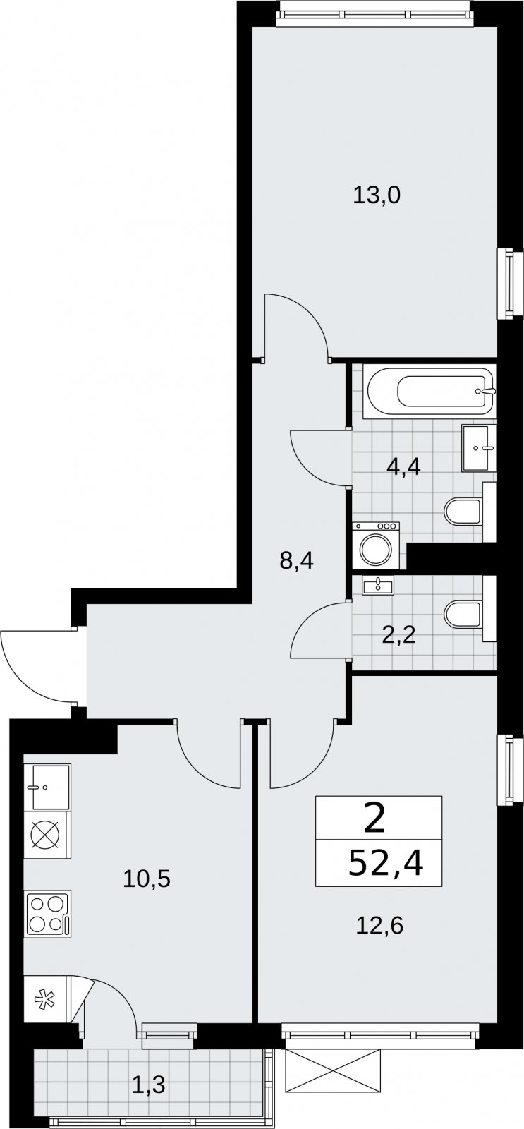 2-комнатная квартира с полной отделкой, 52.4 м2, 13 этаж, сдача 2 квартал 2026 г., ЖК Бунинские кварталы, корпус 7.1 - объявление 2319393 - фото №1