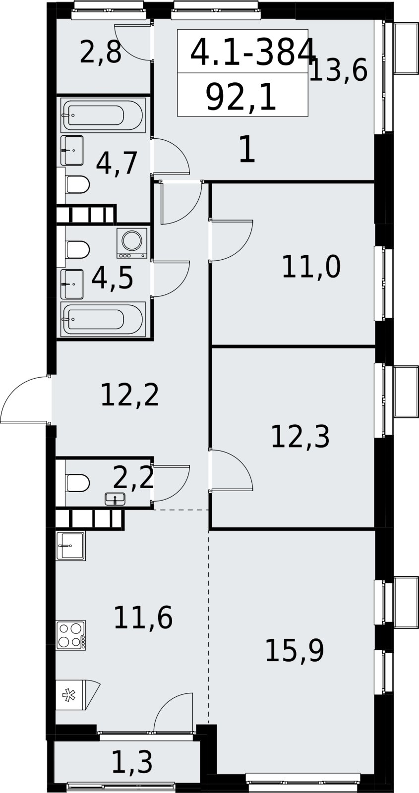 4-комнатная квартира (евро) с полной отделкой, 92.1 м2, 25 этаж, сдача 2 квартал 2027 г., ЖК Южные сады, корпус 4.1.2 - объявление 2392890 - фото №1