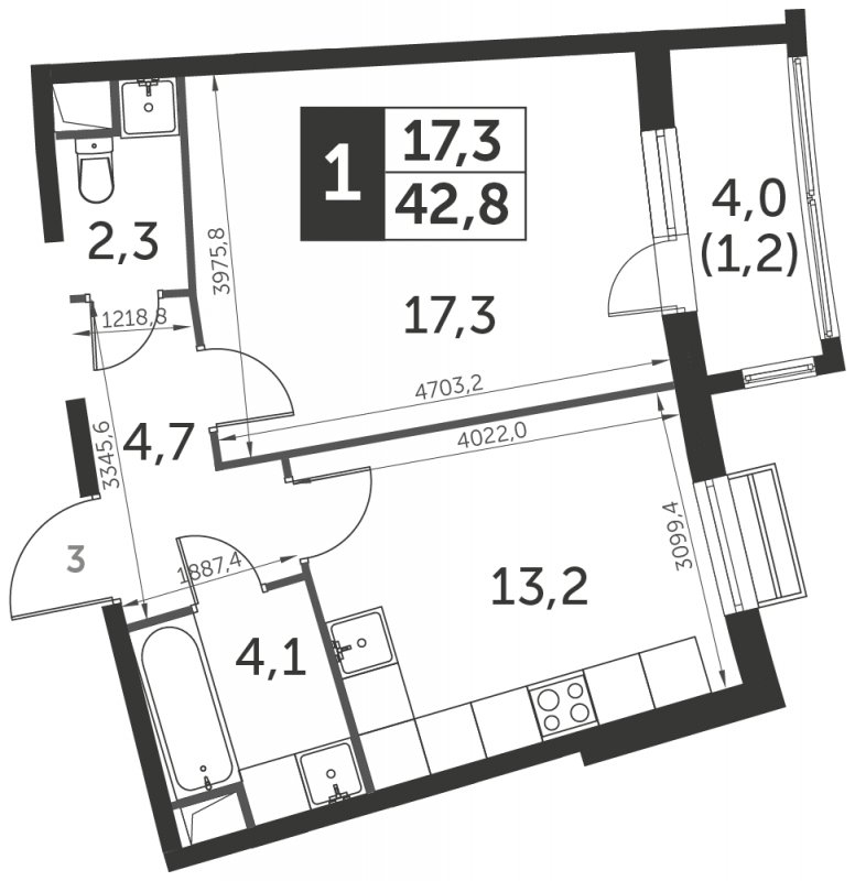 1-комнатная квартира с полной отделкой, 42.8 м2, 1 этаж, сдача 3 квартал 2023 г., ЖК UP-квартал Римский, корпус 7 - объявление 1447817 - фото №1