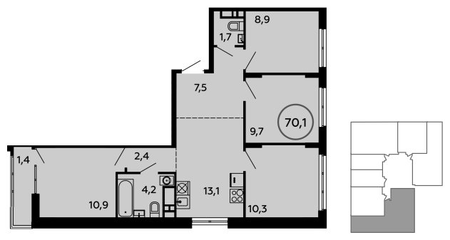 4-комнатная квартира без отделки, 70.1 м2, 14 этаж, сдача 1 квартал 2023 г., ЖК Скандинавия, корпус 2.14.1 - объявление 1499015 - фото №1