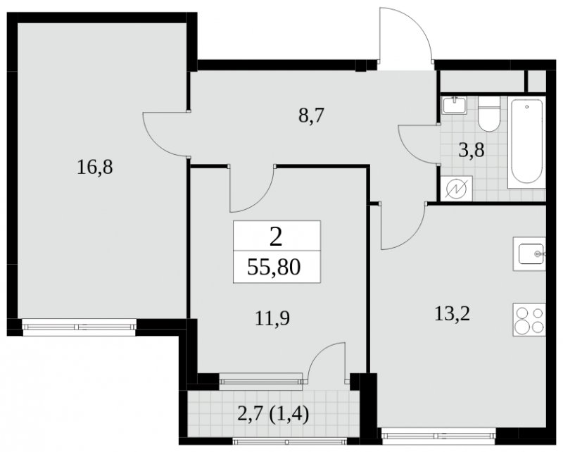 2-комнатная квартира без отделки, 55.8 м2, 24 этаж, сдача 2 квартал 2025 г., ЖК Южные сады, корпус 2.3 - объявление 1758262 - фото №1
