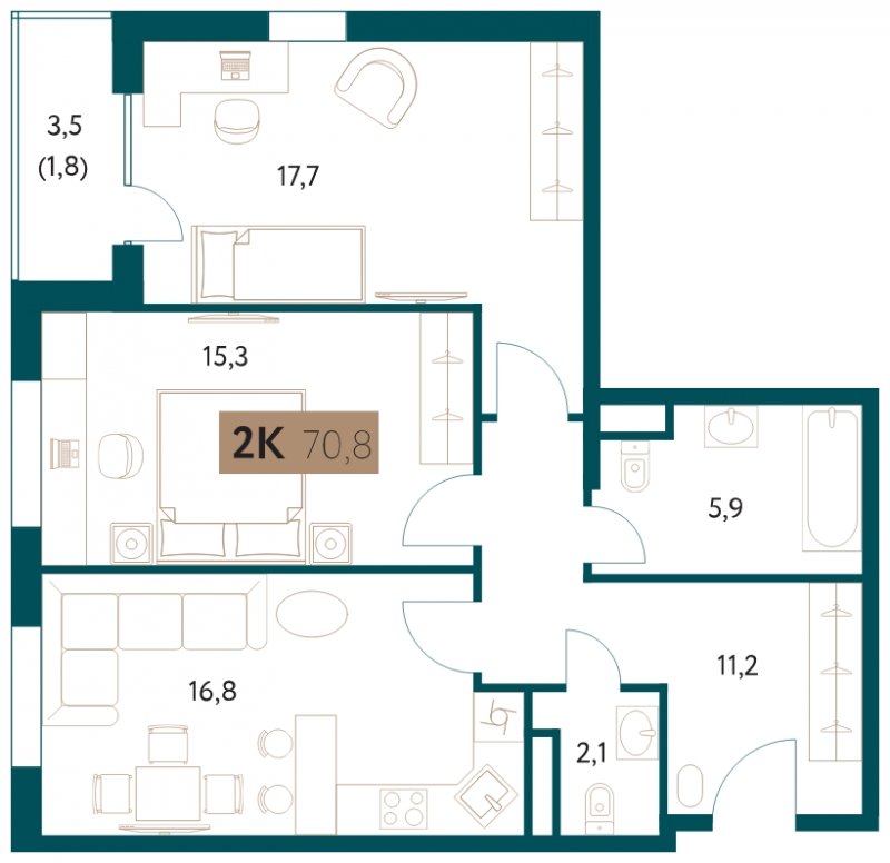 2-комнатная квартира 70.8 м2, 7 этаж, сдача 4 квартал 2022 г., ЖК Настоящее, корпус 1 - объявление 1711395 - фото №1