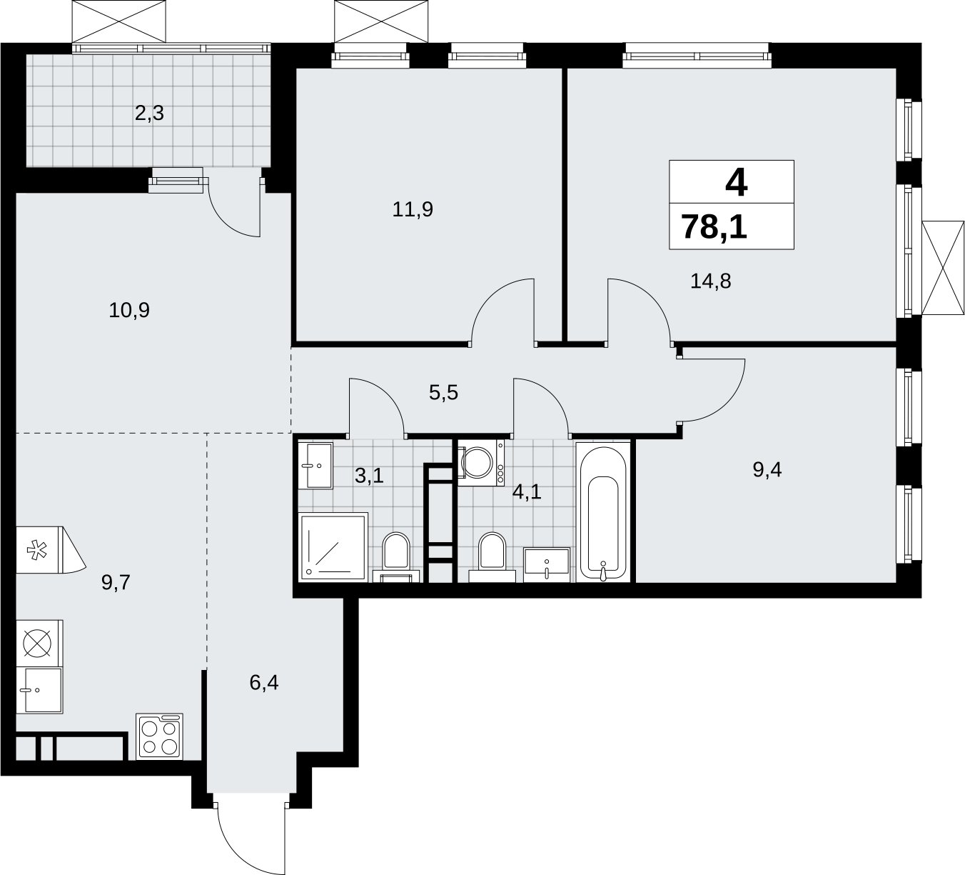 4-комнатная квартира (евро) без отделки, 78.1 м2, 14 этаж, сдача 4 квартал 2026 г., ЖК Скандинавия, корпус 2.18.1.2 - объявление 2350740 - фото №1