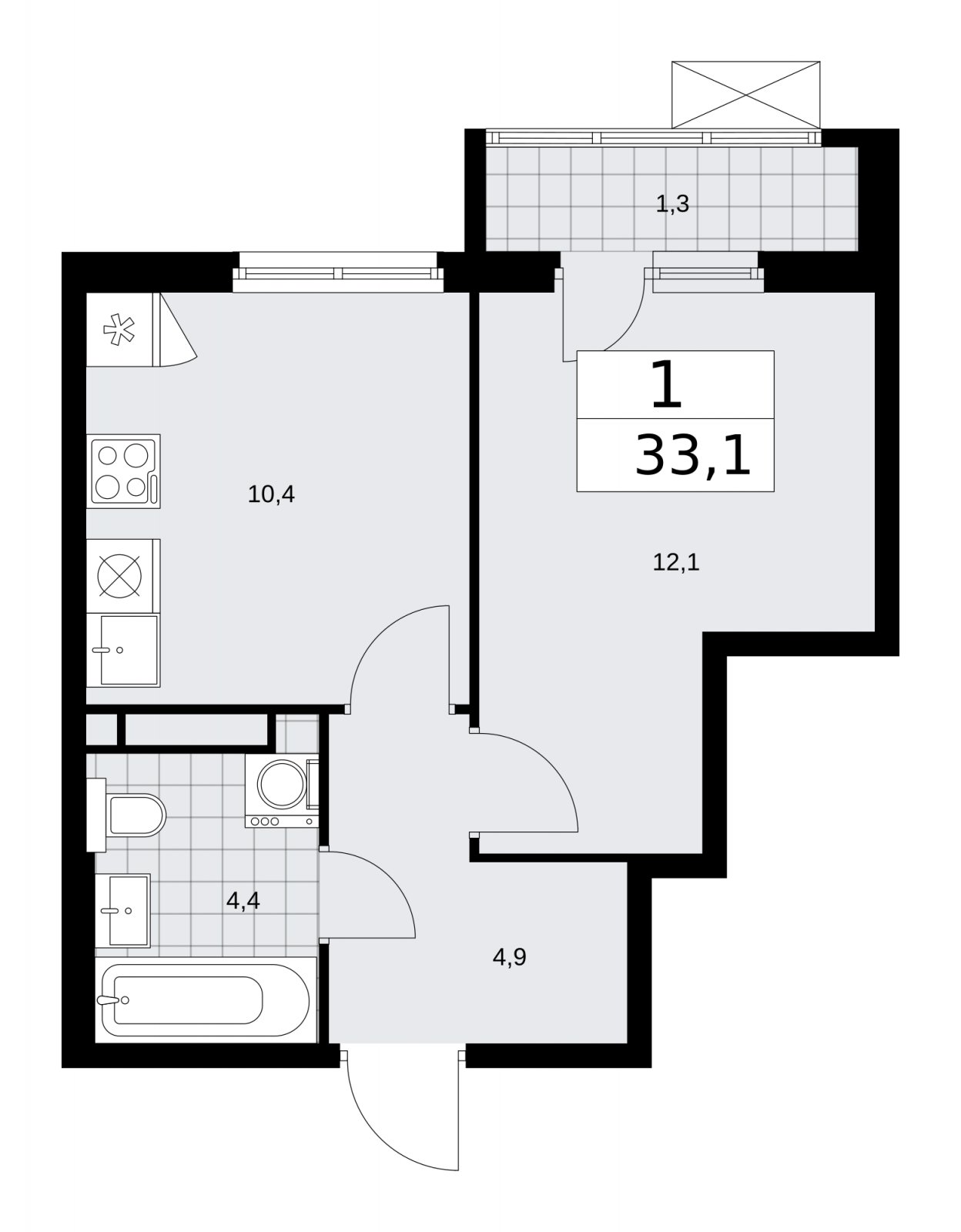 1-комнатная квартира с частичной отделкой, 33.1 м2, 8 этаж, сдача 1 квартал 2026 г., ЖК Прокшино, корпус 11.1.1 - объявление 2257208 - фото №1
