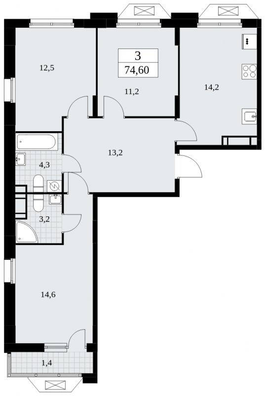 3-комнатная квартира без отделки, 74.6 м2, 13 этаж, сдача 4 квартал 2024 г., ЖК Бунинские кварталы, корпус 1.3 - объявление 1834620 - фото №1