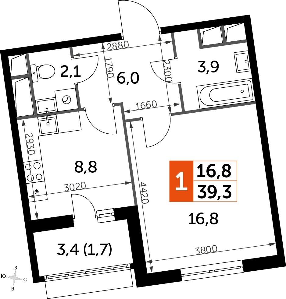 1-комнатная квартира без отделки, 39.3 м2, 11 этаж, дом сдан, ЖК UP-квартал Римский, корпус 7 - объявление 2266449 - фото №1