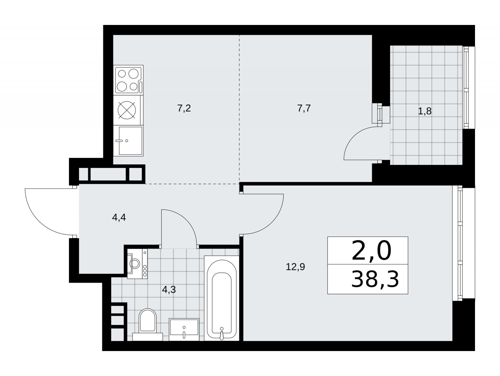 2-комнатная квартира (евро) без отделки, 38.3 м2, 7 этаж, сдача 1 квартал 2026 г., ЖК Дзен-кварталы, корпус 3.1 - объявление 2240777 - фото №1