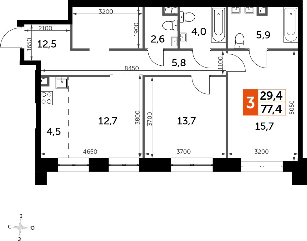 2-комнатная квартира с частичной отделкой, 77.4 м2, 19 этаж, сдача 3 квартал 2024 г., ЖК Sydney City, корпус 2.2 - объявление 2346762 - фото №1