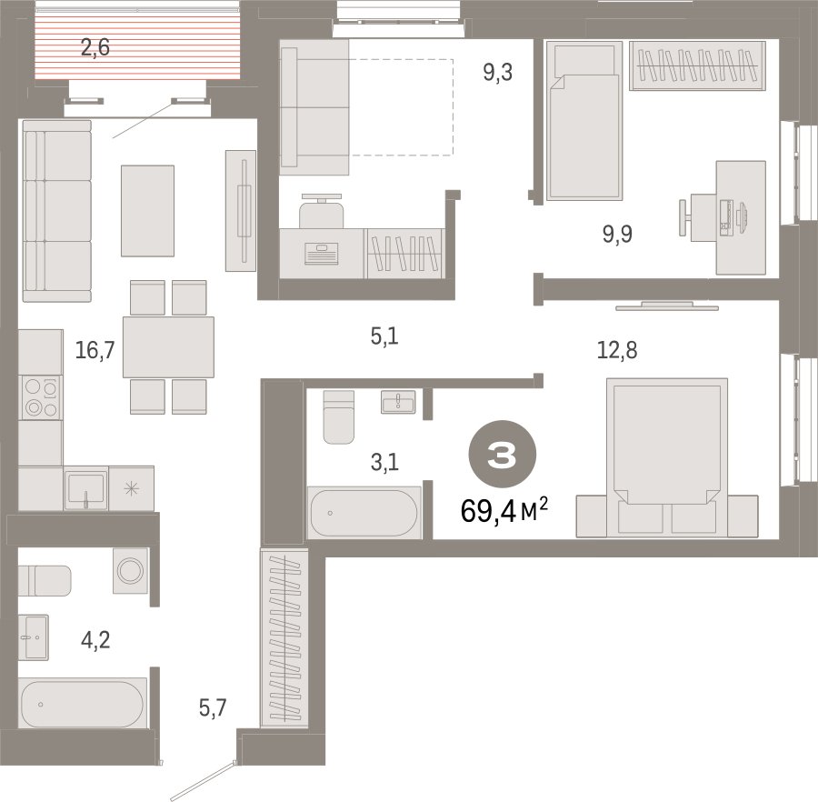 3-комнатная квартира с частичной отделкой, 69.4 м2, 12 этаж, сдача 3 квартал 2026 г., ЖК Квартал Метроном, корпус 1 - объявление 2396823 - фото №1