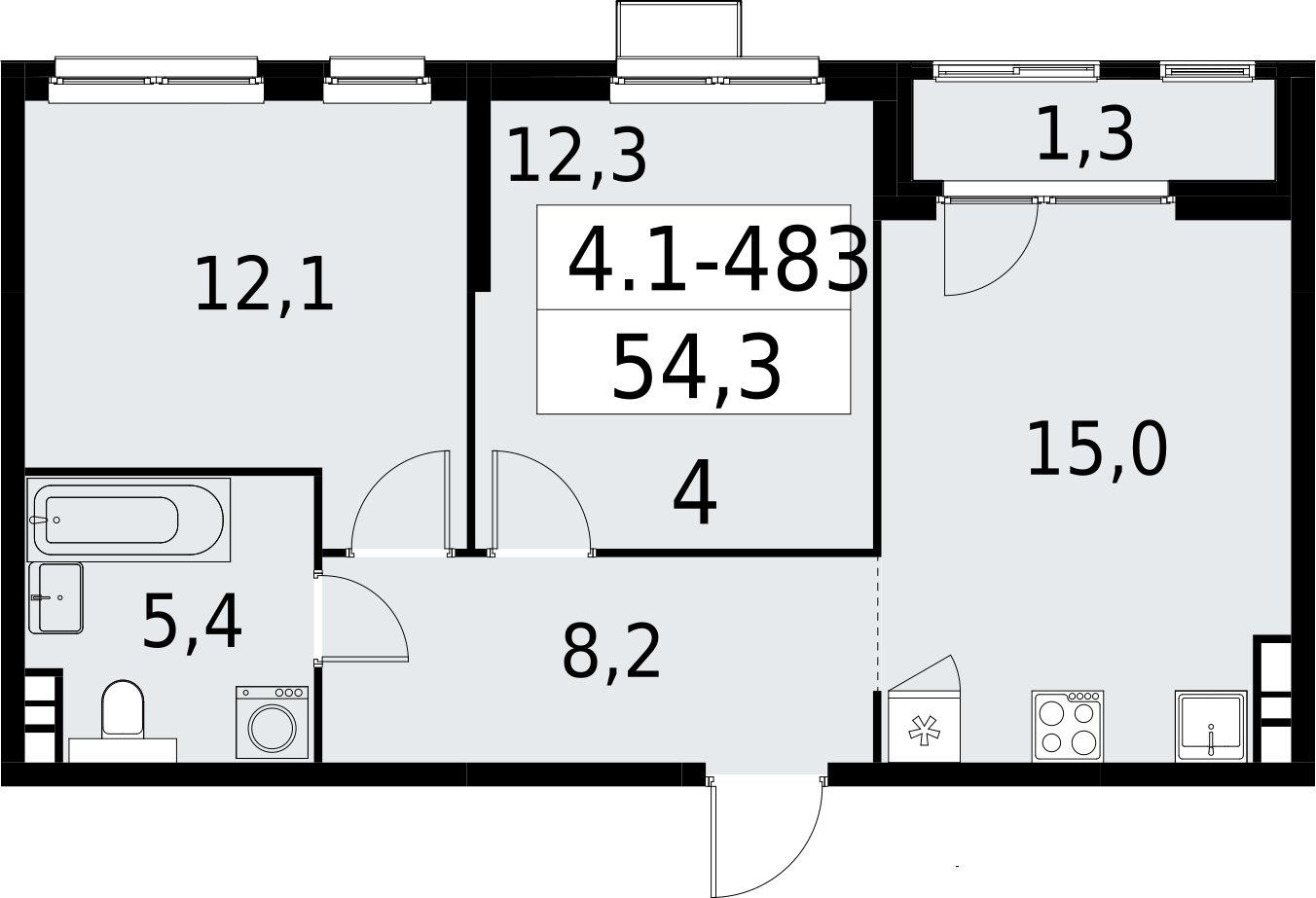 2-комнатная квартира с полной отделкой, 54.3 м2, 13 этаж, сдача 2 квартал 2027 г., ЖК Южные сады, корпус 4.1.2 - объявление 2392988 - фото №1