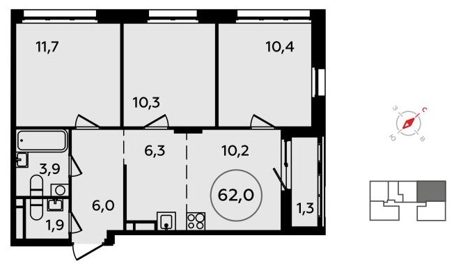 4-комнатная квартира (евро) без отделки, 62 м2, 12 этаж, сдача 4 квартал 2023 г., ЖК Скандинавия, корпус 15 - объявление 1517196 - фото №1