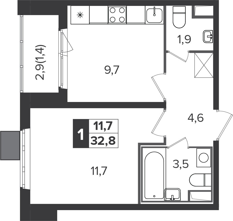 1-комнатная квартира без отделки, 32.9 м2, 4 этаж, дом сдан, ЖК Южная Битца, корпус 6 - объявление 2208369 - фото №1