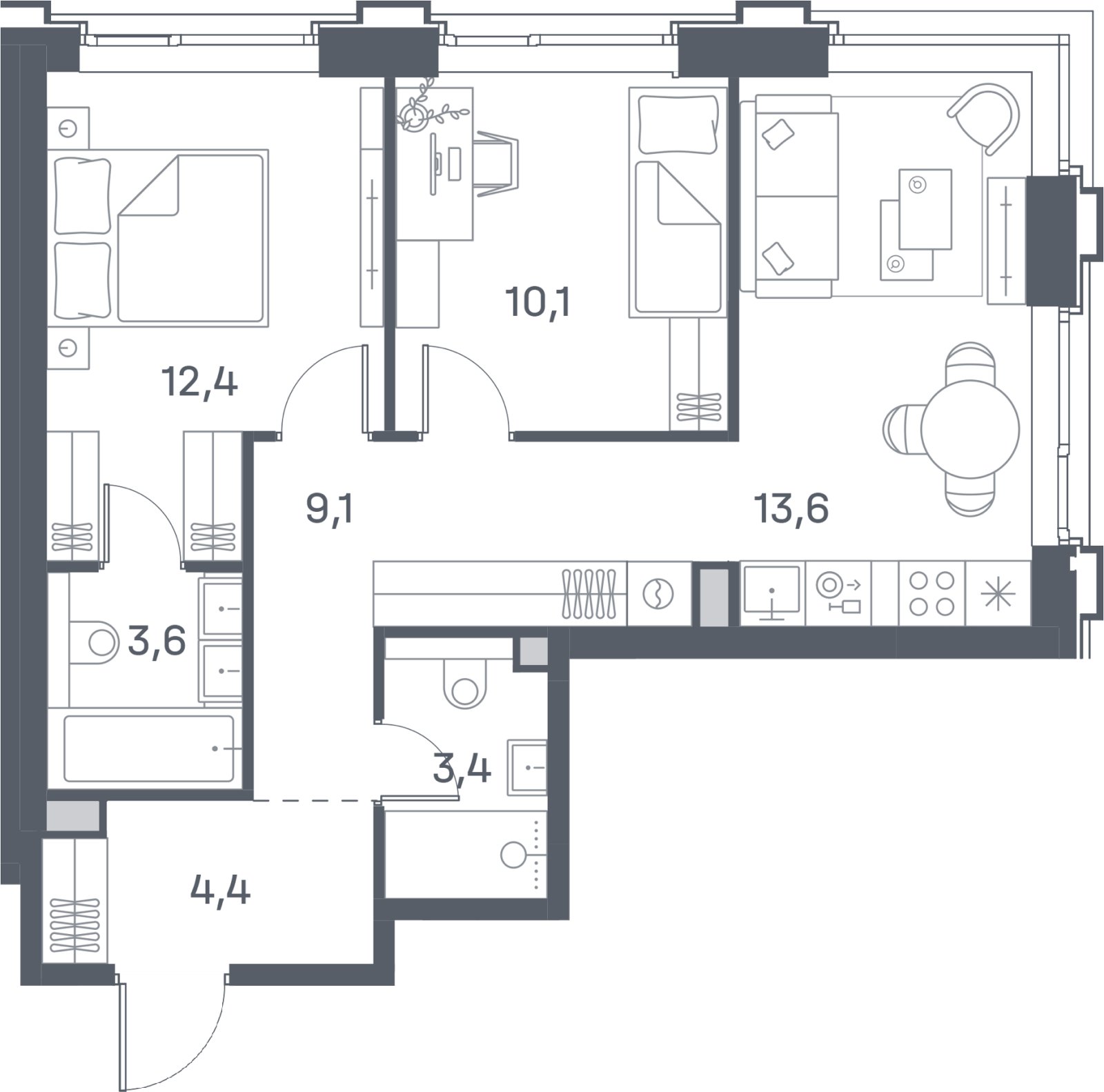 2-комнатная квартира 56.6 м2, 5 этаж, сдача 4 квартал 2025 г., ЖК Portland, корпус 1 - объявление 2354661 - фото №1