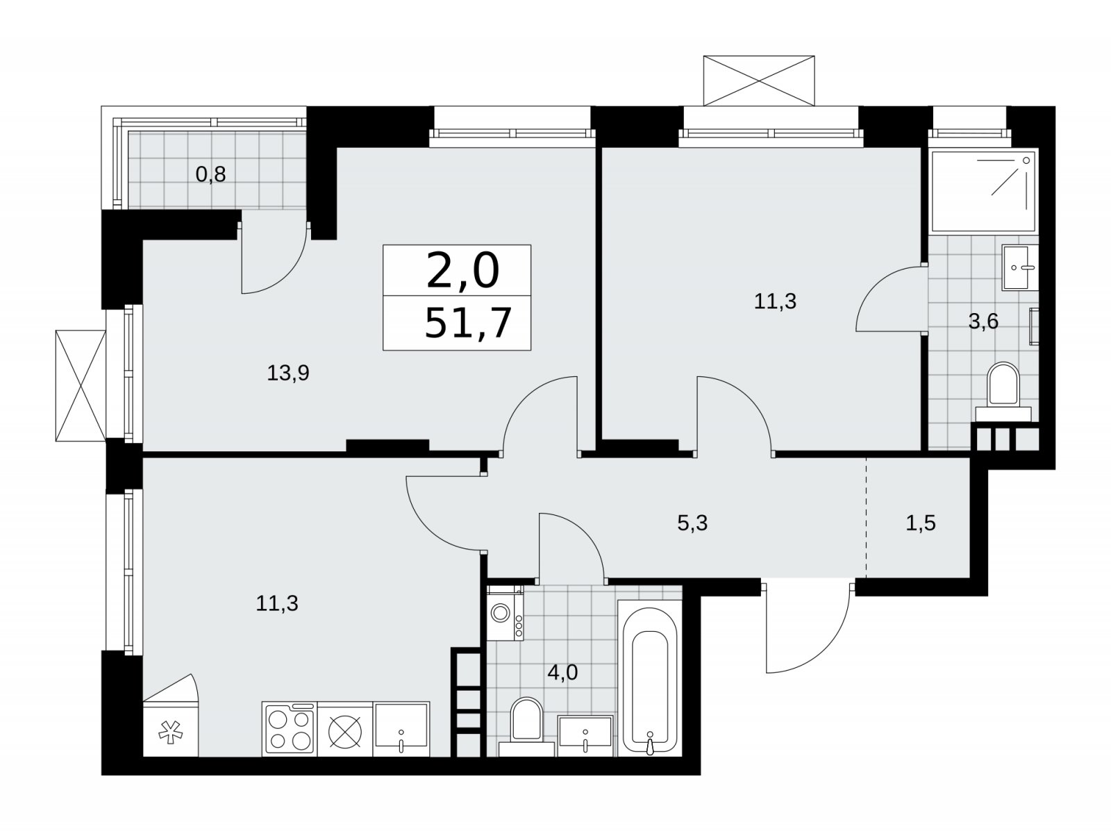 2-комнатная квартира с частичной отделкой, 51.7 м2, 9 этаж, сдача 2 квартал 2026 г., ЖК Прокшино, корпус 10.1.4 - объявление 2227385 - фото №1