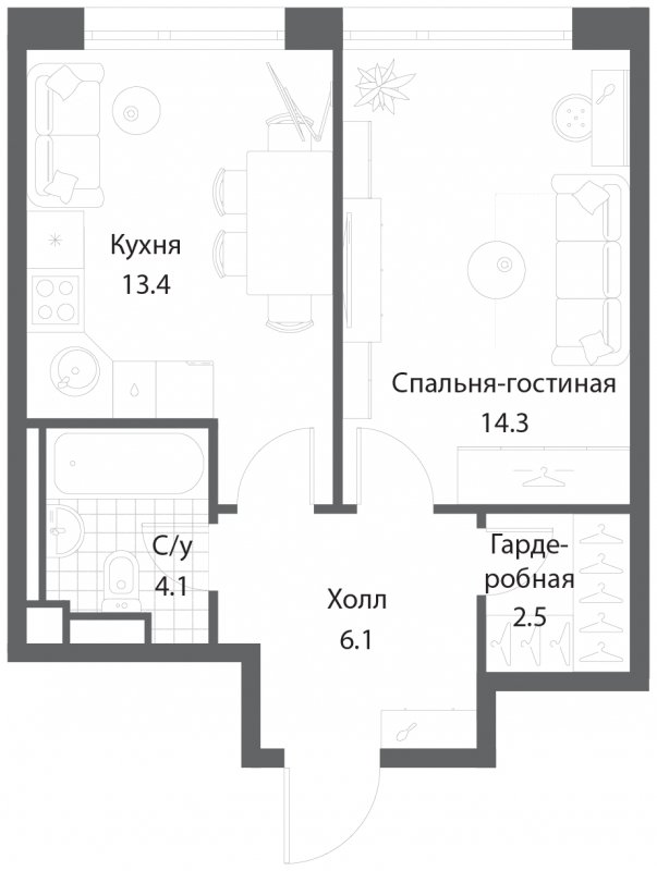 1-комнатная квартира без отделки, 40.4 м2, 27 этаж, сдача 3 квартал 2025 г., ЖК Nagatino i-Land, корпус 2 (3 очередь) - объявление 1826833 - фото №1