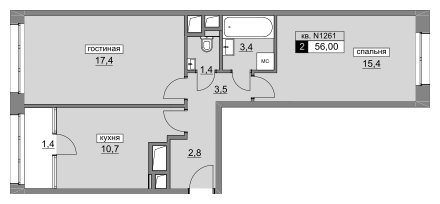 2-комнатная квартира без отделки, 56 м2, 11 этаж, сдача 4 квартал 2022 г., ЖК Румянцево-Парк, корпус 3 - объявление 1187193 - фото №1