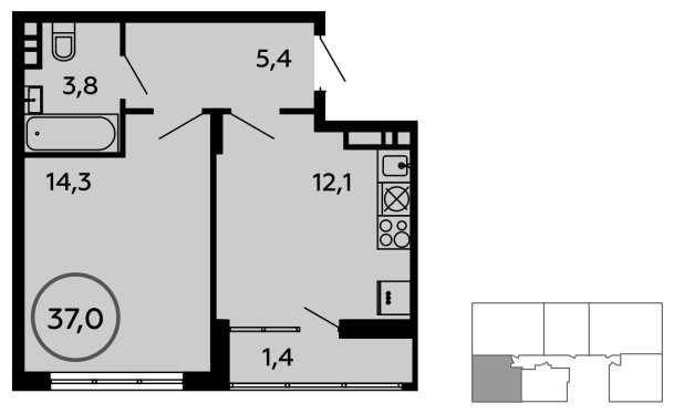 1-комнатная квартира без отделки, 37 м2, 9 этаж, дом сдан, ЖК Скандинавия, корпус 14.1 - объявление 1691680 - фото №1
