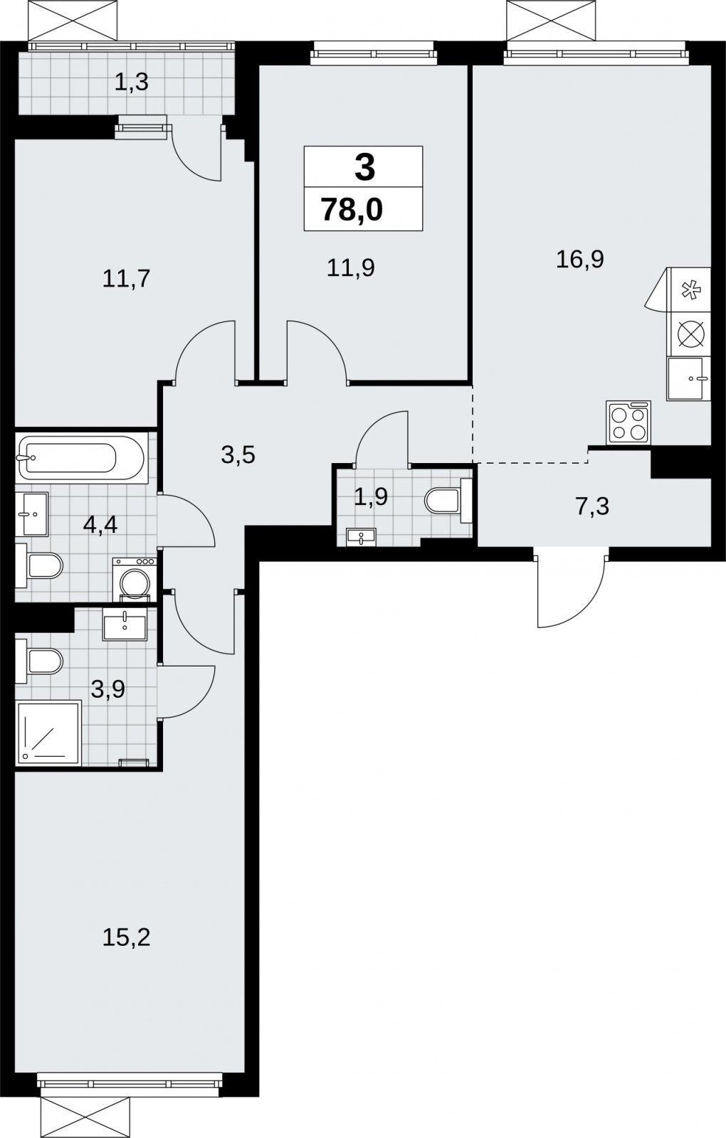 3-комнатная квартира с полной отделкой, 78 м2, 7 этаж, сдача 3 квартал 2026 г., ЖК Дзен-кварталы, корпус 6.1.3 - объявление 2327845 - фото №1