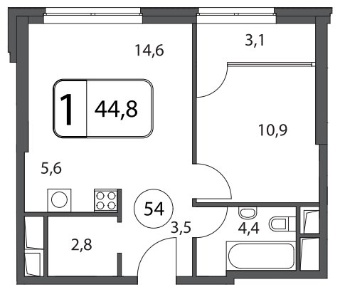 1-комнатная квартира без отделки, 44.8 м2, 14 этаж, дом сдан, ЖК Апарт-Комплекс Волга, корпус 1 - объявление 1569106 - фото №1