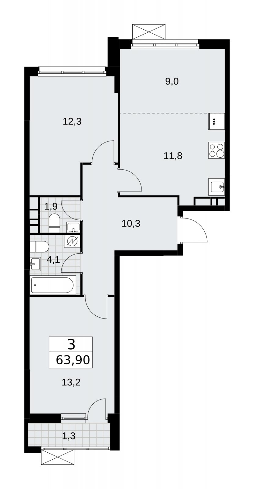 3-комнатная квартира (евро) без отделки, 63.9 м2, 7 этаж, сдача 3 квартал 2025 г., ЖК Скандинавия, корпус 28.1 - объявление 2201894 - фото №1