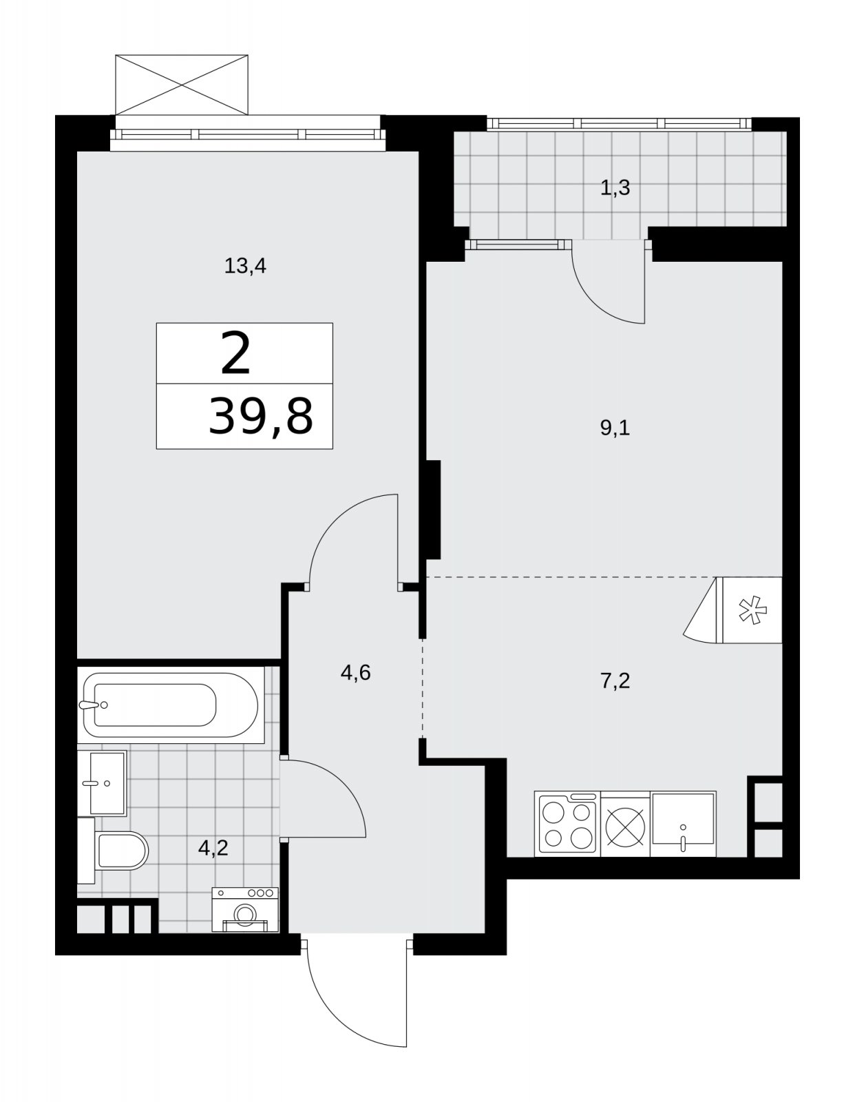 2-комнатная квартира (евро) без отделки, 39.8 м2, 5 этаж, сдача 1 квартал 2026 г., ЖК Деснаречье, корпус 4.2 - объявление 2263540 - фото №1