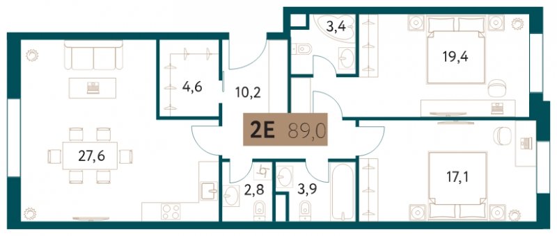 2-комнатная квартира 89 м2, 7 этаж, сдача 4 квартал 2022 г., ЖК Настоящее, корпус 4 - объявление 1657119 - фото №1
