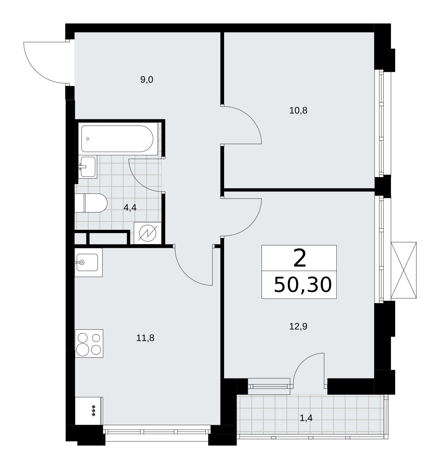 2-комнатная квартира без отделки, 50.3 м2, 5 этаж, сдача 3 квартал 2025 г., ЖК Скандинавия, корпус 28.1 - объявление 2201794 - фото №1
