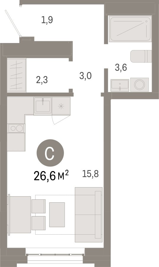 Студия с частичной отделкой, 26.6 м2, 2 этаж, сдача 3 квартал 2026 г., ЖК Квартал Метроном, корпус 1 - объявление 2330927 - фото №1