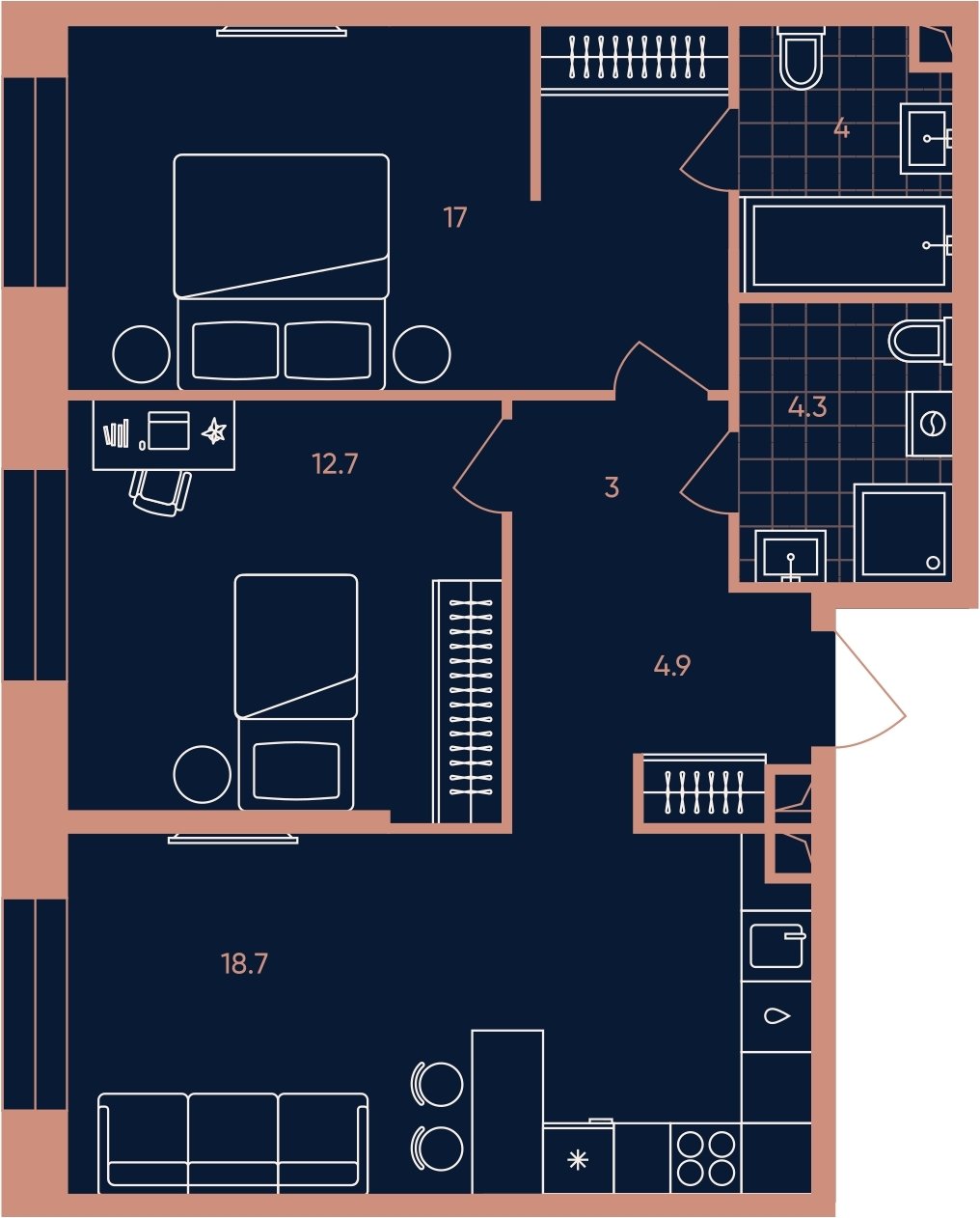 3-комнатная квартира (евро) без отделки, 64.6 м2, 25 этаж, сдача 3 квартал 2026 г., ЖК ERA, корпус 1 - объявление 2287369 - фото №1