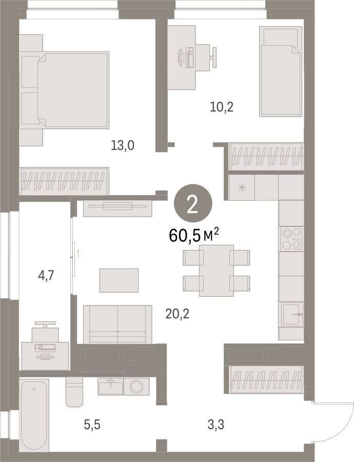2-комнатная квартира с частичной отделкой, 60.53 м2, 10 этаж, сдача 1 квартал 2025 г., ЖК Первый квартал, корпус Дом 5 - объявление 2281534 - фото №1