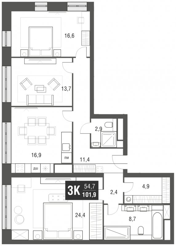 3-комнатная квартира с частичной отделкой, 101.9 м2, 28 этаж, сдача 2 квартал 2024 г., ЖК AFI Tower, корпус 1 - объявление 2205278 - фото №1