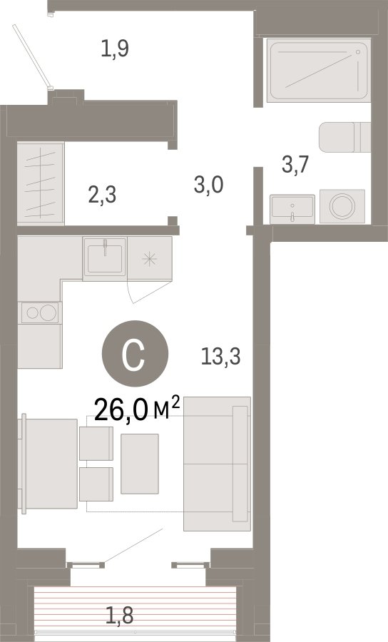 Студия с частичной отделкой, 26 м2, 7 этаж, сдача 3 квартал 2026 г., ЖК Квартал Метроном, корпус 2 - объявление 2300612 - фото №1