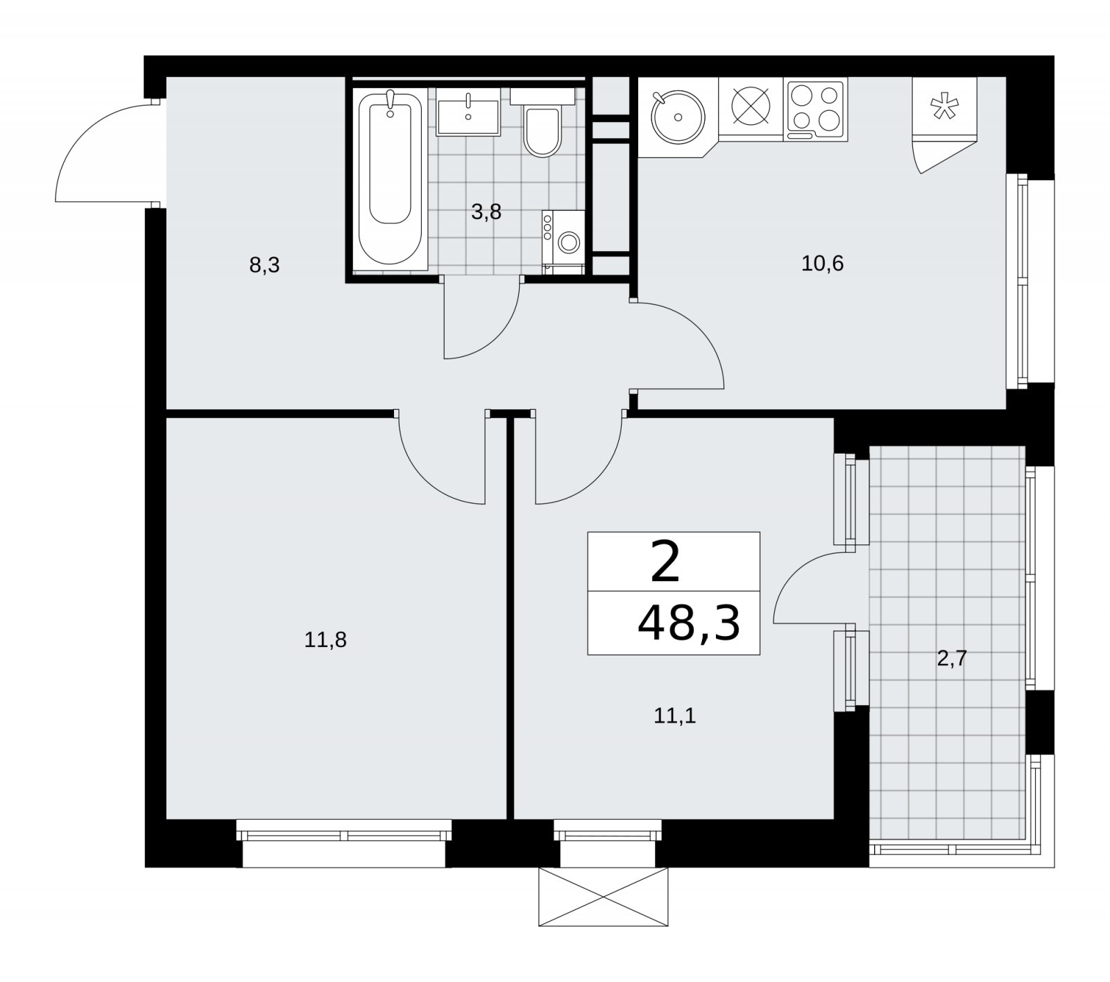 2-комнатная квартира с частичной отделкой, 48.3 м2, 12 этаж, сдача 2 квартал 2026 г., ЖК Скандинавия, корпус 25.2 - объявление 2283556 - фото №1