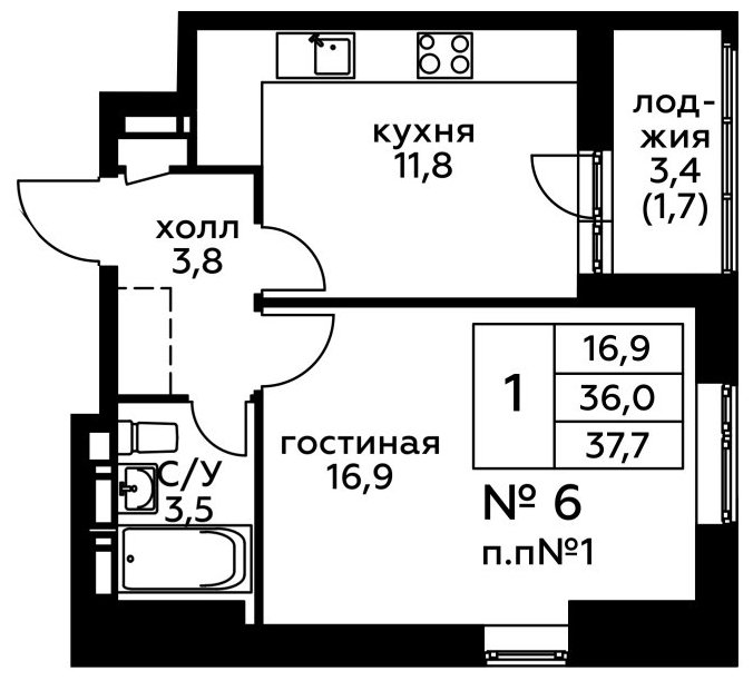 1-комнатная квартира с частичной отделкой, 37.7 м2, 3 этаж, сдача 2 квартал 2022 г., ЖК Новоград Павлино, корпус 20 - объявление 1250043 - фото №1