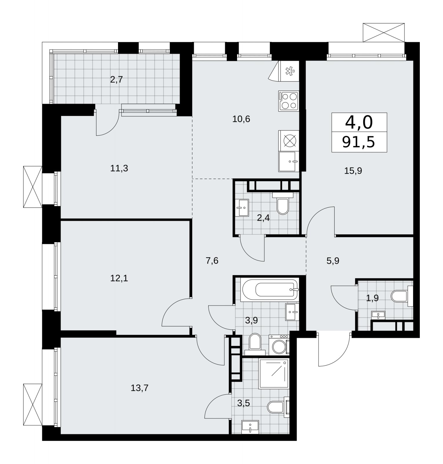 4-комнатная квартира (евро) с частичной отделкой, 91.5 м2, 19 этаж, сдача 1 квартал 2026 г., ЖК Бунинские кварталы, корпус 6.1 - объявление 2252514 - фото №1
