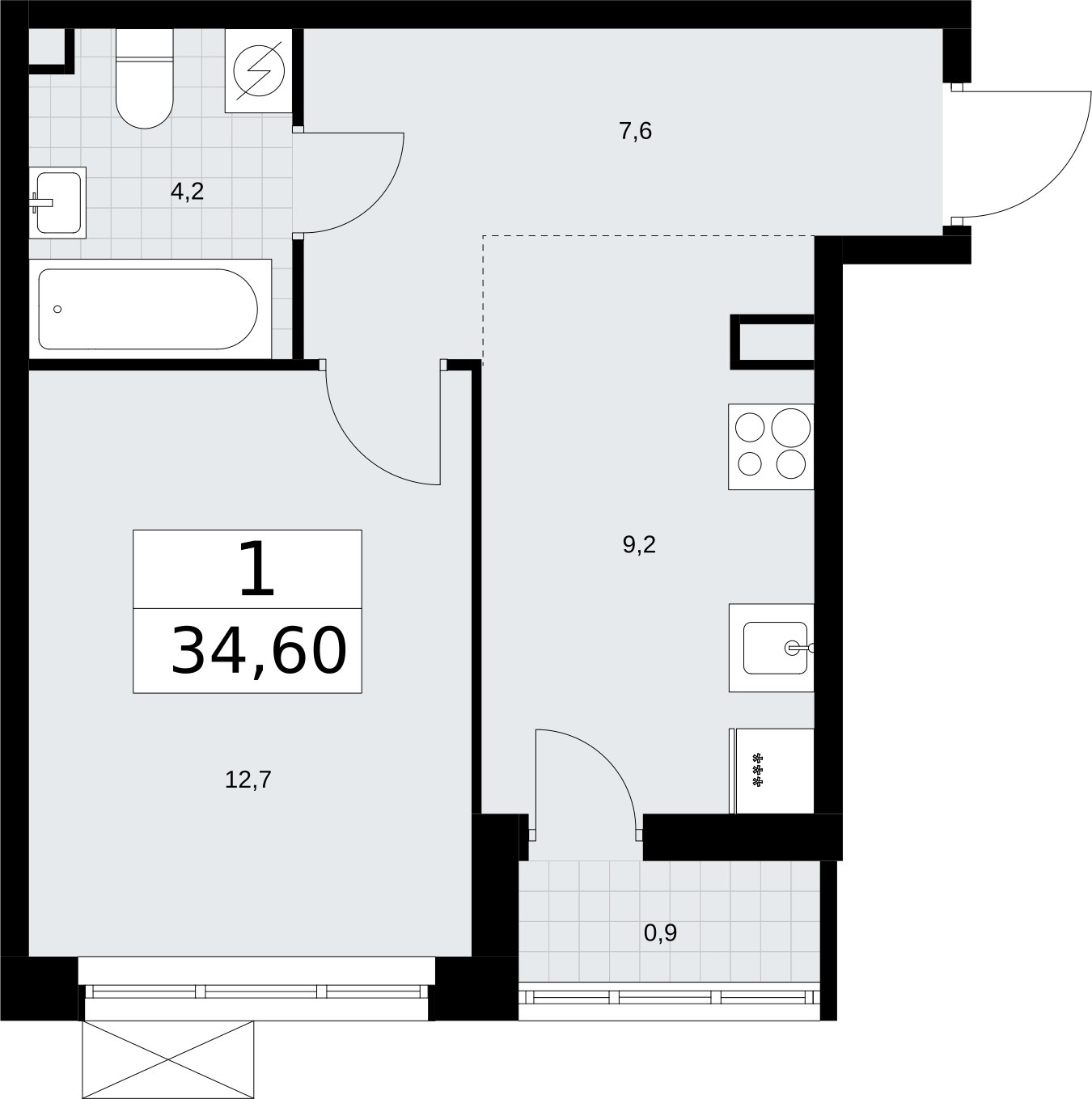 1-комнатная квартира без отделки, 34.6 м2, 2 этаж, сдача 3 квартал 2026 г., ЖК Родные кварталы, корпус 2 - объявление 2295696 - фото №1