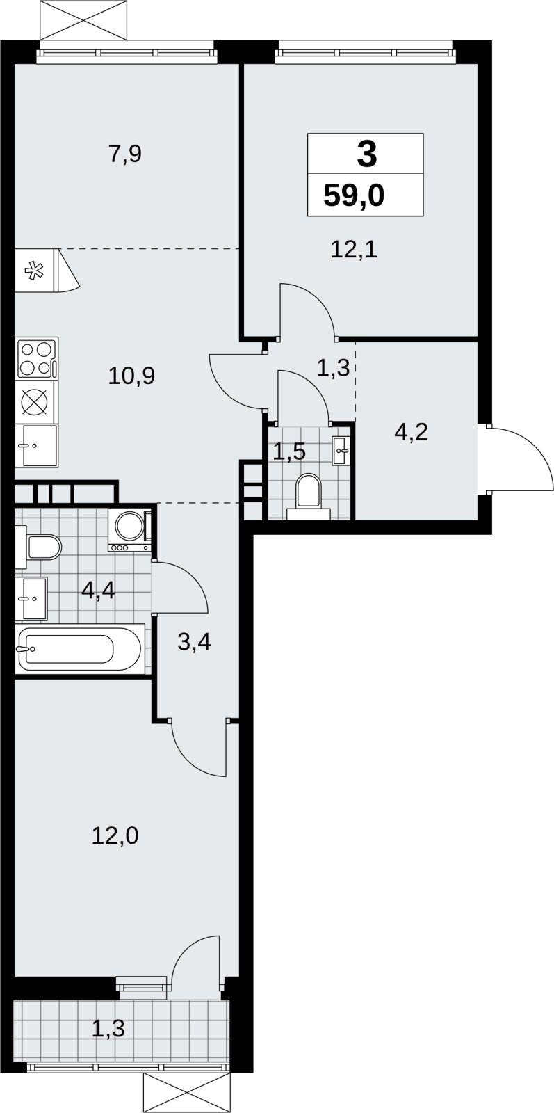 3-комнатная квартира (евро) без отделки, 59 м2, 4 этаж, сдача 4 квартал 2026 г., ЖК Скандинавия, корпус 2.18.2.5 - объявление 2351660 - фото №1