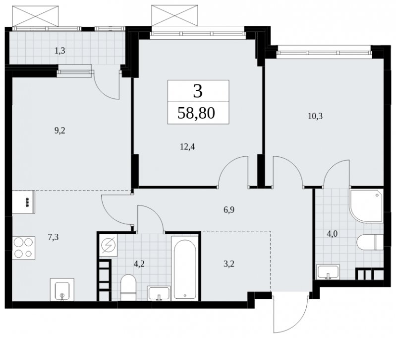 3-комнатная квартира (евро) без отделки, 58.8 м2, 4 этаж, сдача 4 квартал 2024 г., ЖК Скандинавия, корпус 35.2.2 - объявление 1841129 - фото №1