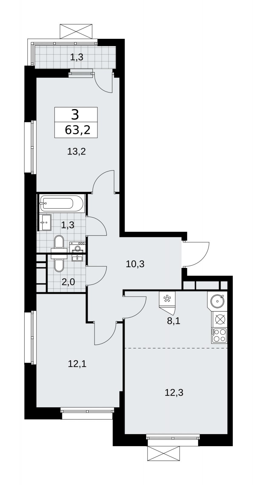 3-комнатная квартира (евро) без отделки, 63.2 м2, 15 этаж, сдача 2 квартал 2026 г., ЖК Скандинавия, корпус 25.5 - объявление 2283742 - фото №1