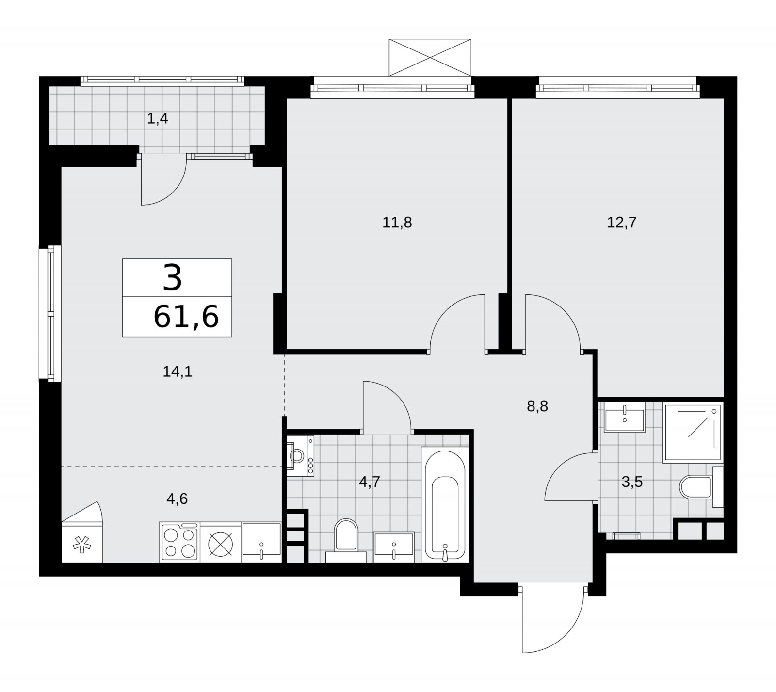 3-комнатная квартира (евро) с полной отделкой, 61.6 м2, 5 этаж, сдача 2 квартал 2026 г., ЖК Деснаречье, корпус 4.8 - объявление 2265017 - фото №1