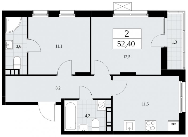 2-комнатная квартира без отделки, 52.4 м2, 6 этаж, сдача 1 квартал 2025 г., ЖК Дзен-кварталы, корпус 1.4 - объявление 1896086 - фото №1
