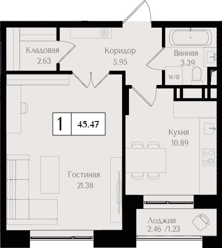 1-комнатная квартира без отделки, 45.47 м2, 5 этаж, сдача 3 квартал 2025 г., ЖК Преображенская площадь, корпус 3 - объявление 2404269 - фото №1