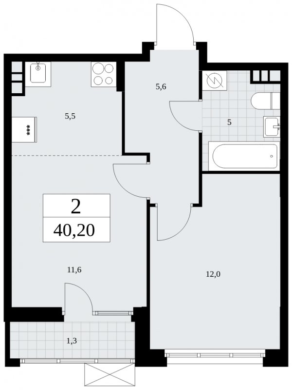 2-комнатная квартира (евро) без отделки, 40.2 м2, 4 этаж, сдача 4 квартал 2024 г., ЖК Бунинские кварталы, корпус 2.3 - объявление 1882558 - фото №1