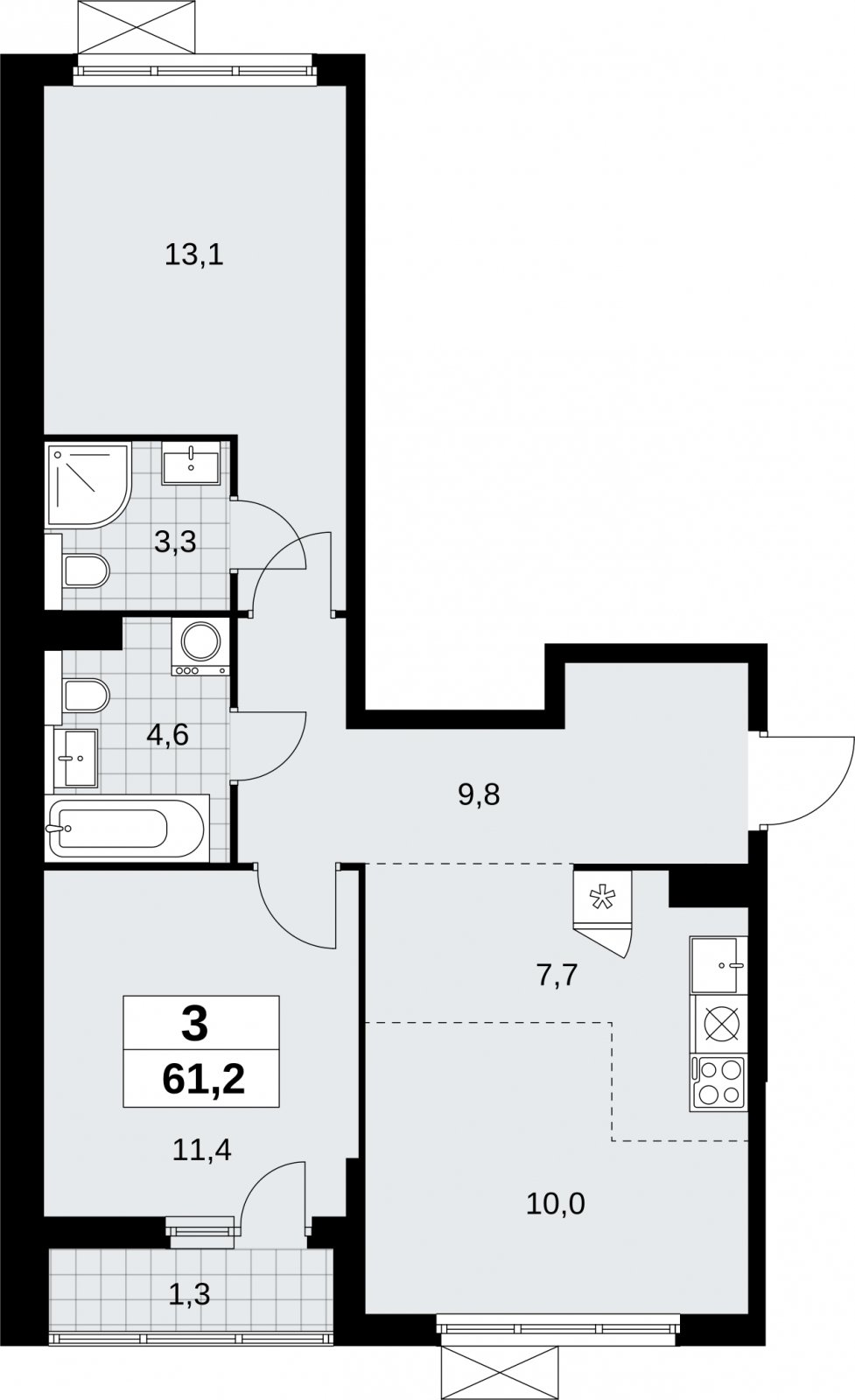 3-комнатная квартира (евро) без отделки, 61.2 м2, 8 этаж, сдача 2 квартал 2026 г., ЖК Бунинские кварталы, корпус 9.1 - объявление 2323574 - фото №1