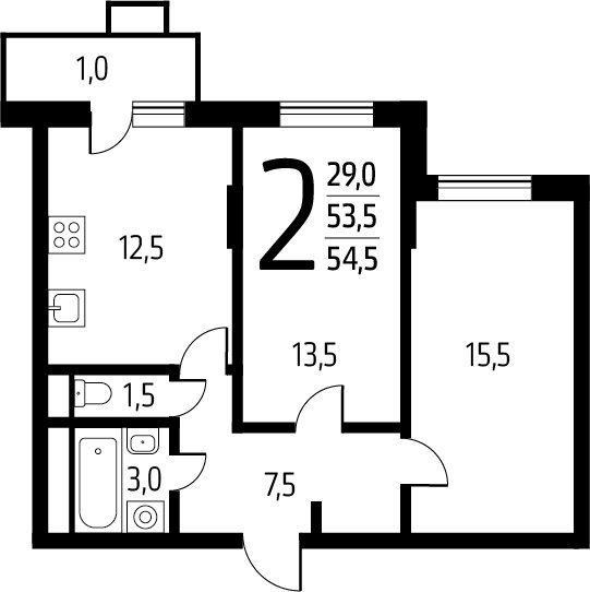 2-комнатная квартира с полной отделкой, 54.5 м2, 7 этаж, сдача 1 квартал 2025 г., ЖК Новые Ватутинки. Заречный, корпус 5/2 - объявление 2386471 - фото №1