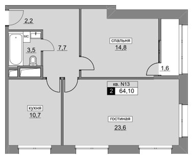 2-комнатная квартира без отделки, 64.1 м2, 5 этаж, сдача 4 квартал 2022 г., ЖК Румянцево-Парк, корпус 3 - объявление 1186304 - фото №1