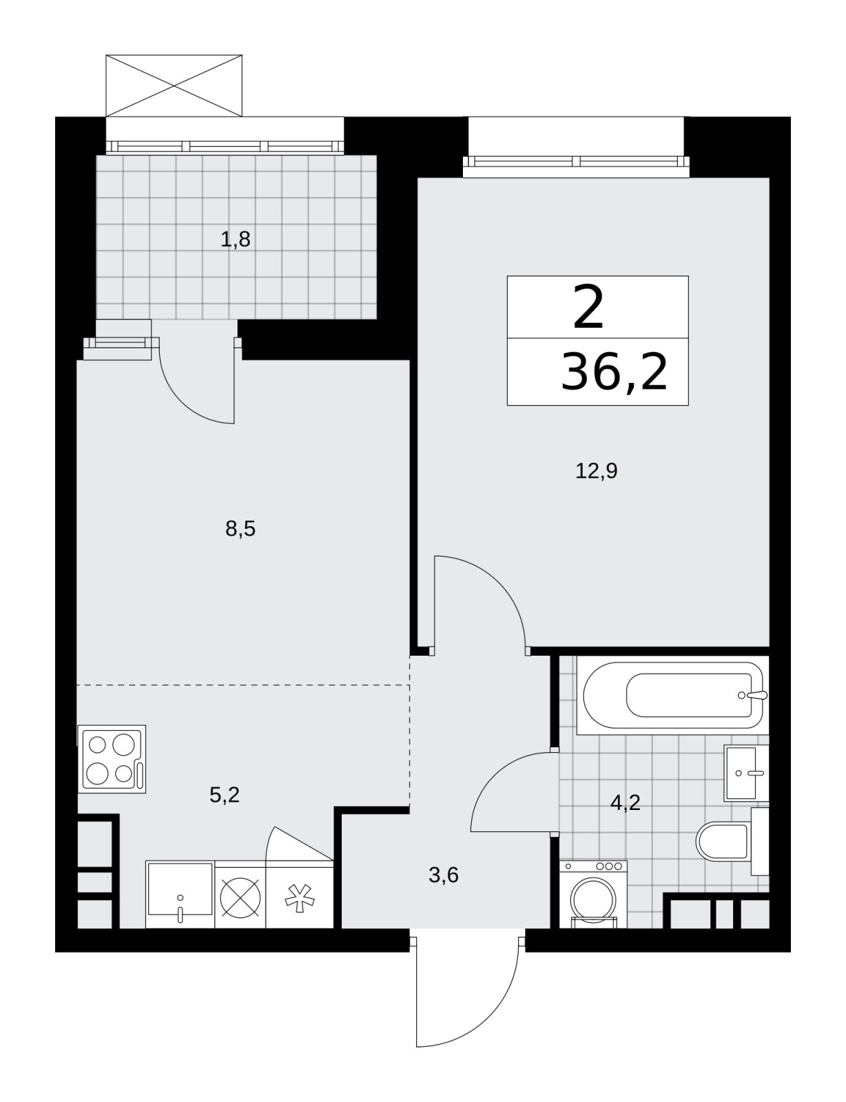 2-комнатная квартира (евро) без отделки, 36.2 м2, 15 этаж, сдача 4 квартал 2025 г., ЖК Бунинские кварталы, корпус 6.5 - объявление 2252860 - фото №1